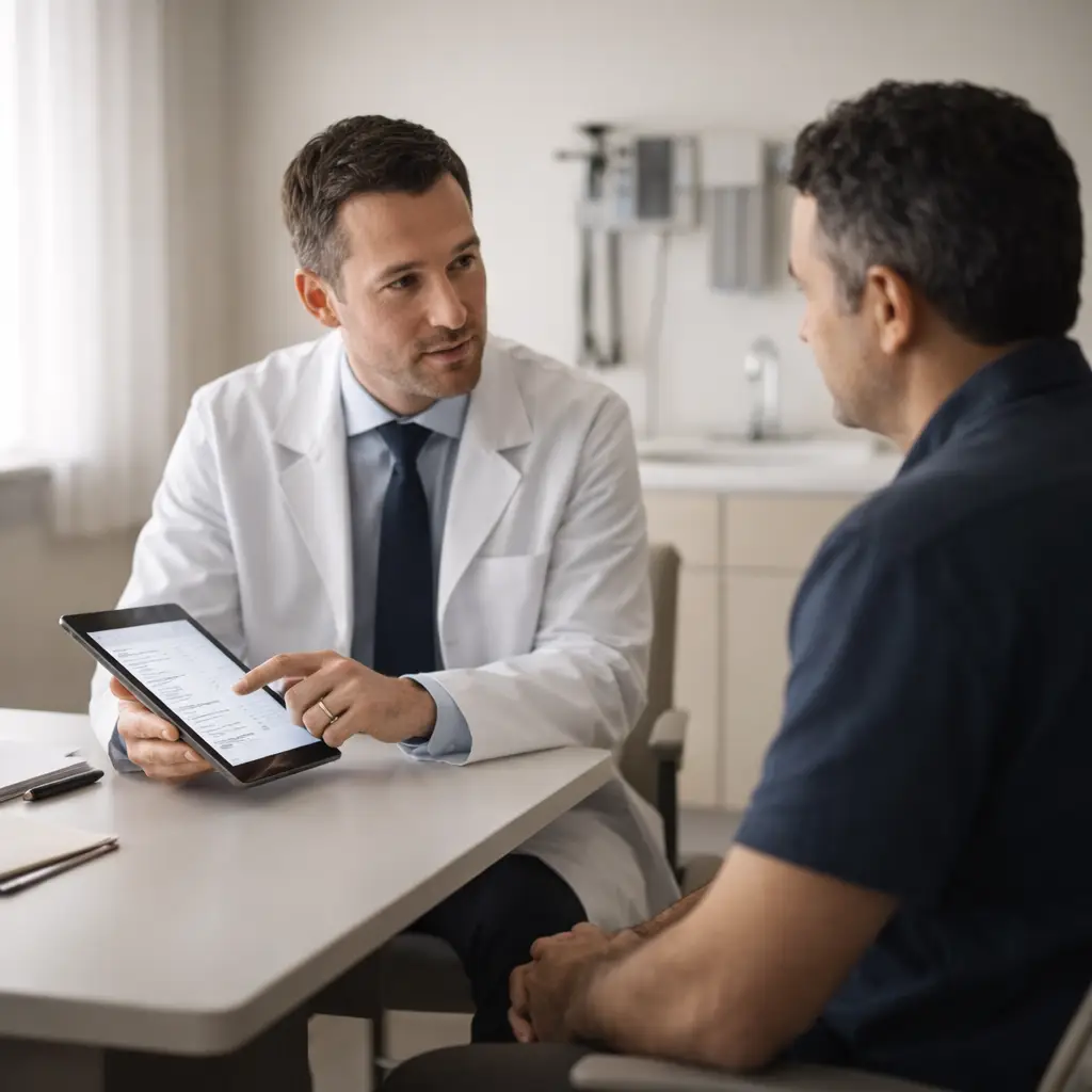 Physician reviewing lab results with patient during a supervised tirzepatide weight loss consultation at The Maxim Clinic.