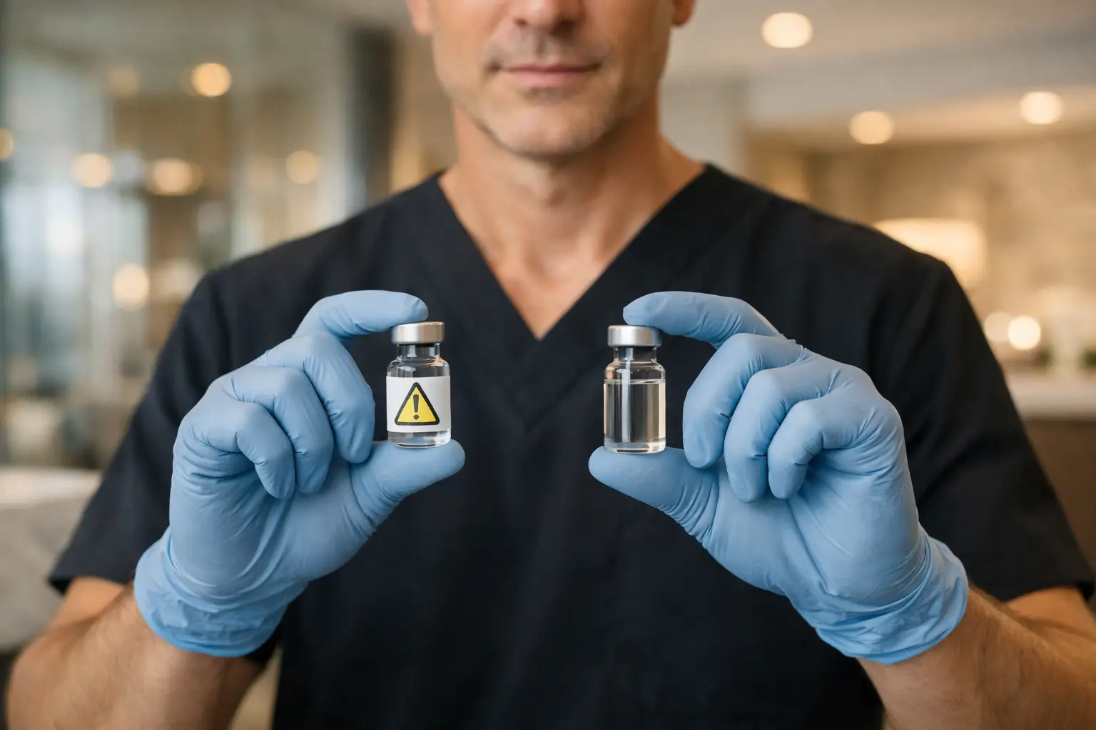 Physician in a modern clinic holding two medication vials to illustrate safe, physician-supervised weight loss care.